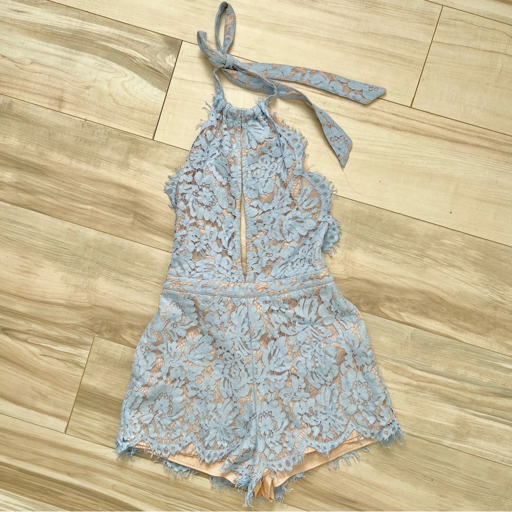 Gab Kate Halter Lace Backless Romper Blue Sz S